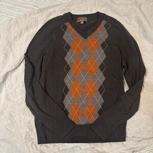 Merona Men's V-Neck Sweater - Brown, Gray, and Orange Argyle